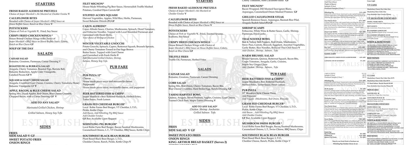 Jasper Murdock's Alehouse Menu