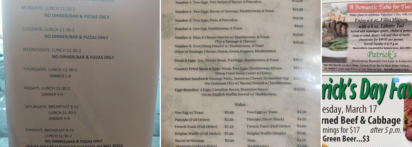 Patrick's Fine Dining Menu