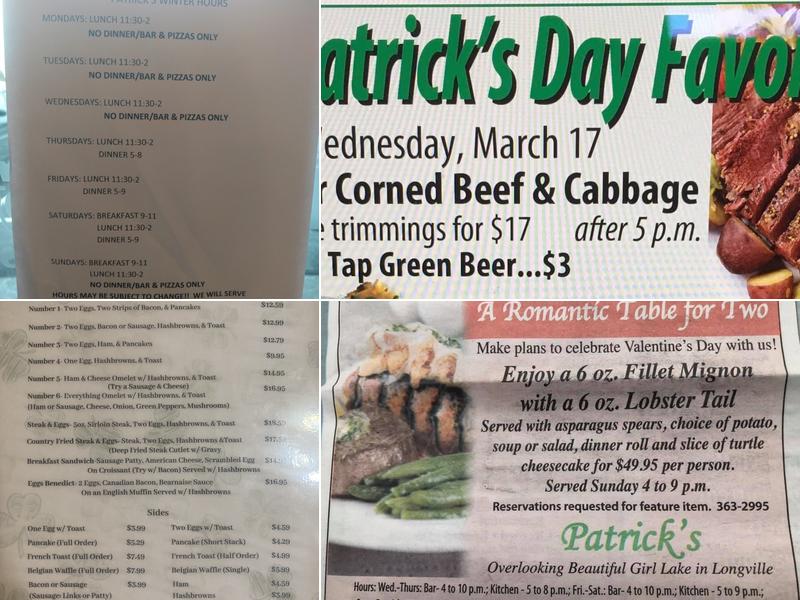 Patrick's Fine Dining Menu