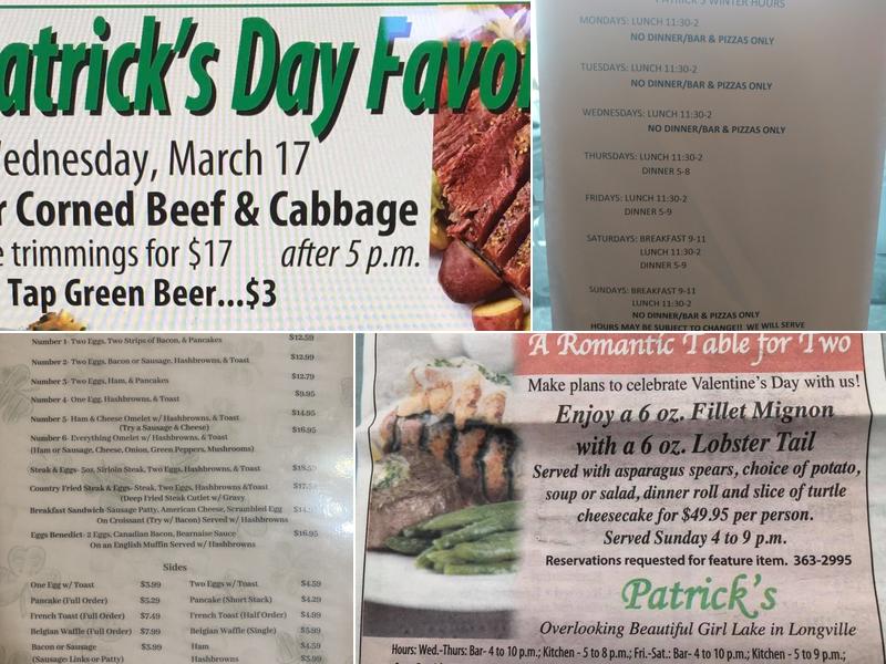 Patrick's Fine Dining Menu