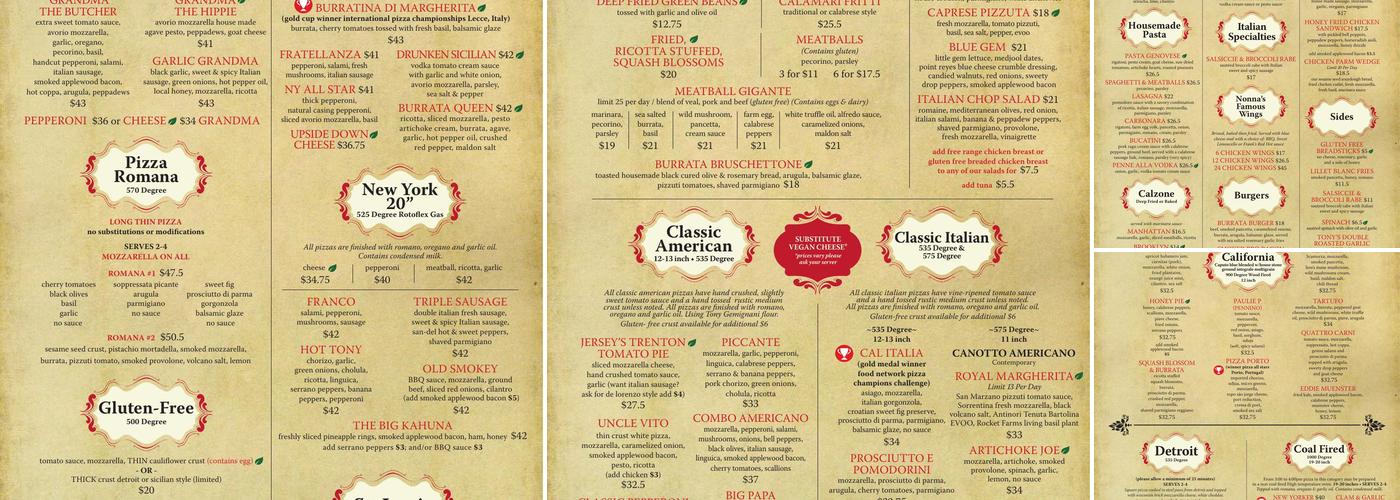 Tony's Pizza Napoletana Menu