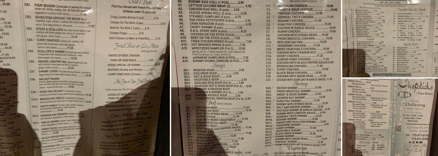 Chopsticks China Bistro Menu