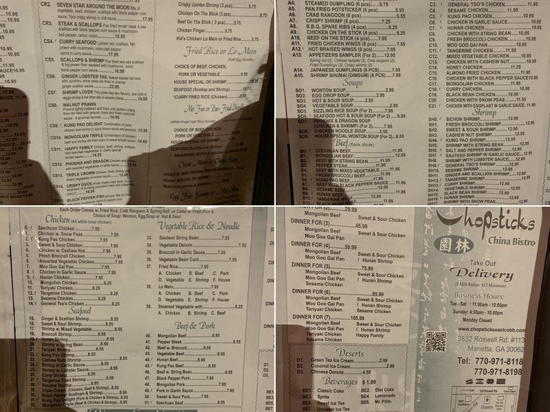 Chopsticks China Bistro Menu
