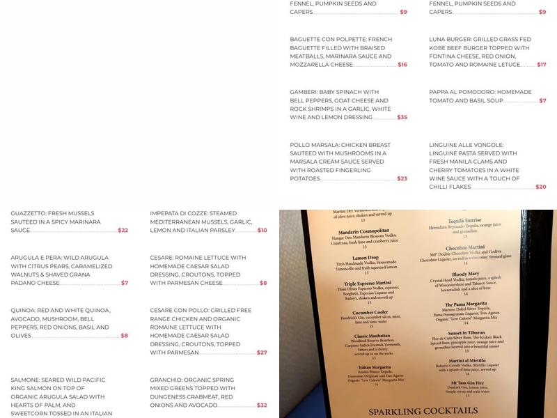 Luna Blu Menu