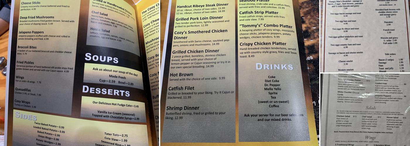 Cozy Corner Restaurant Menu