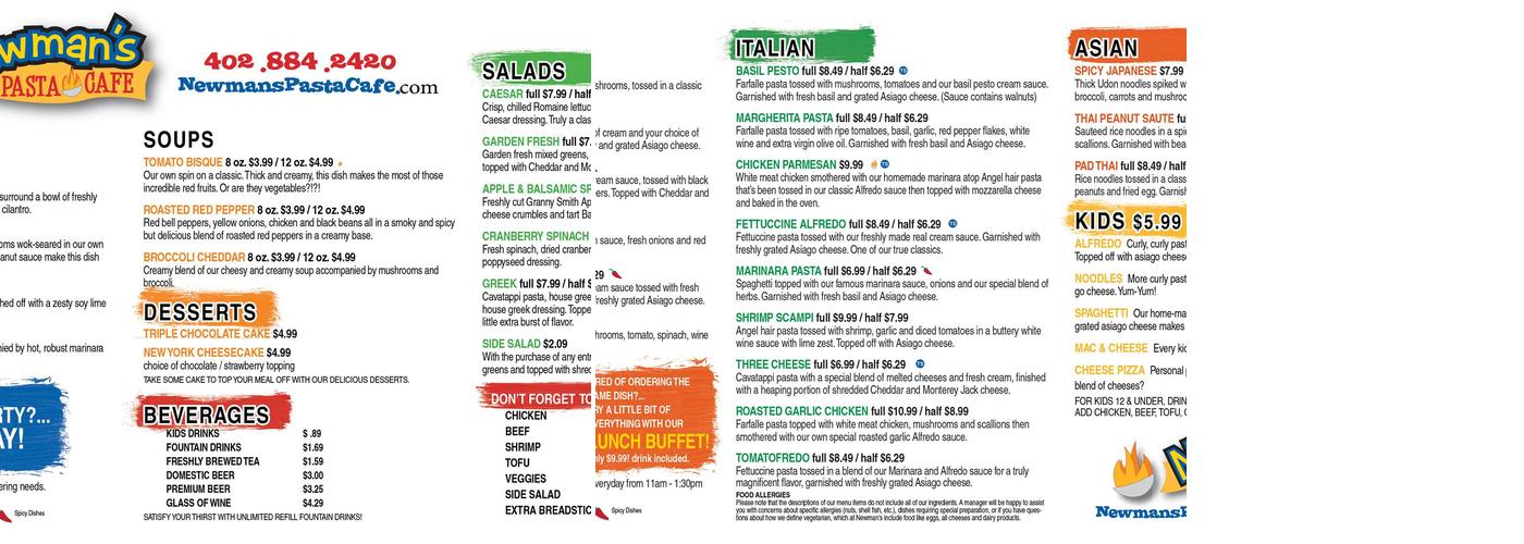 Newman's Pasta Cafe Menu