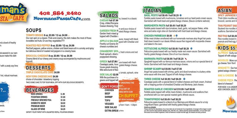 Newman's Pasta Cafe Menu