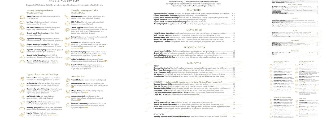 Harmony Restaurant Menu