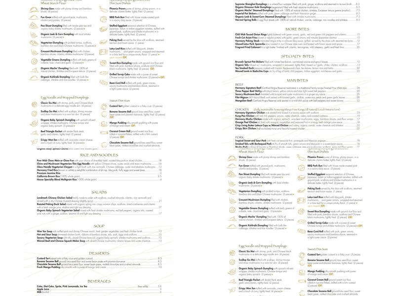 Harmony Restaurant Menu