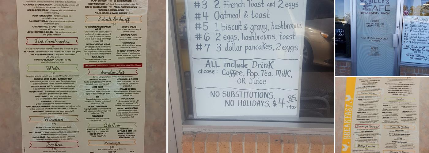 Billy's Cafe Menu
