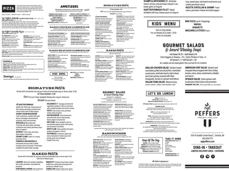 Sgt. Peffer's Cafe Italian Menu