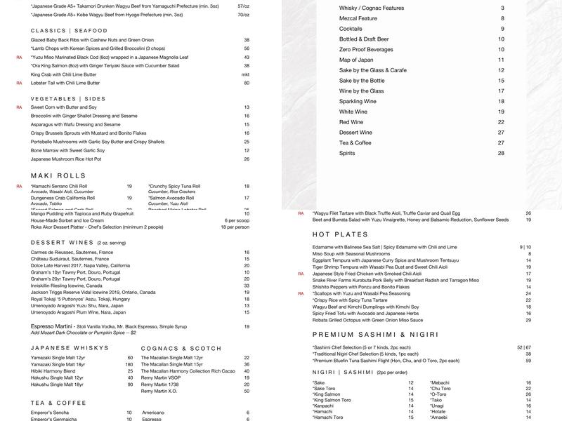 Roka Akor - San Francisco Menu