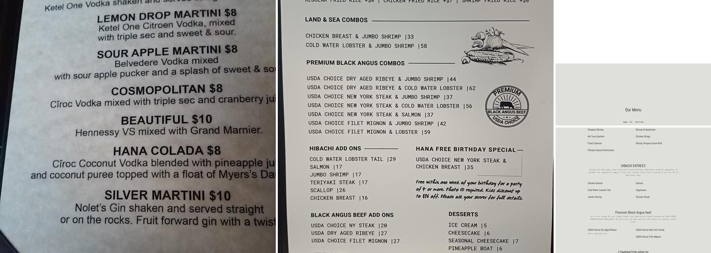 Hana Japan Steak and Seafood Menu