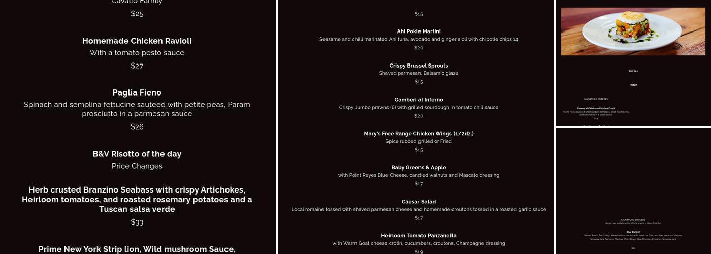 B&V Whiskey Bar & Grille Menu