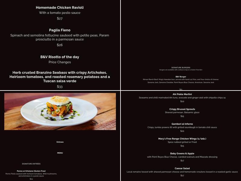 B&V Whiskey Bar & Grille Menu