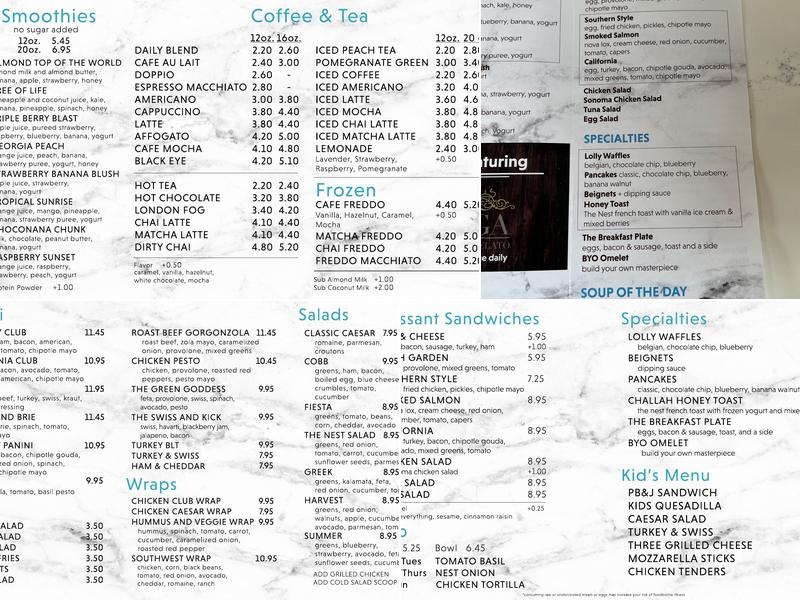 The Nest Cafe Menu