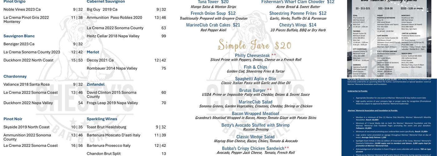 Chesty's Bar Menu