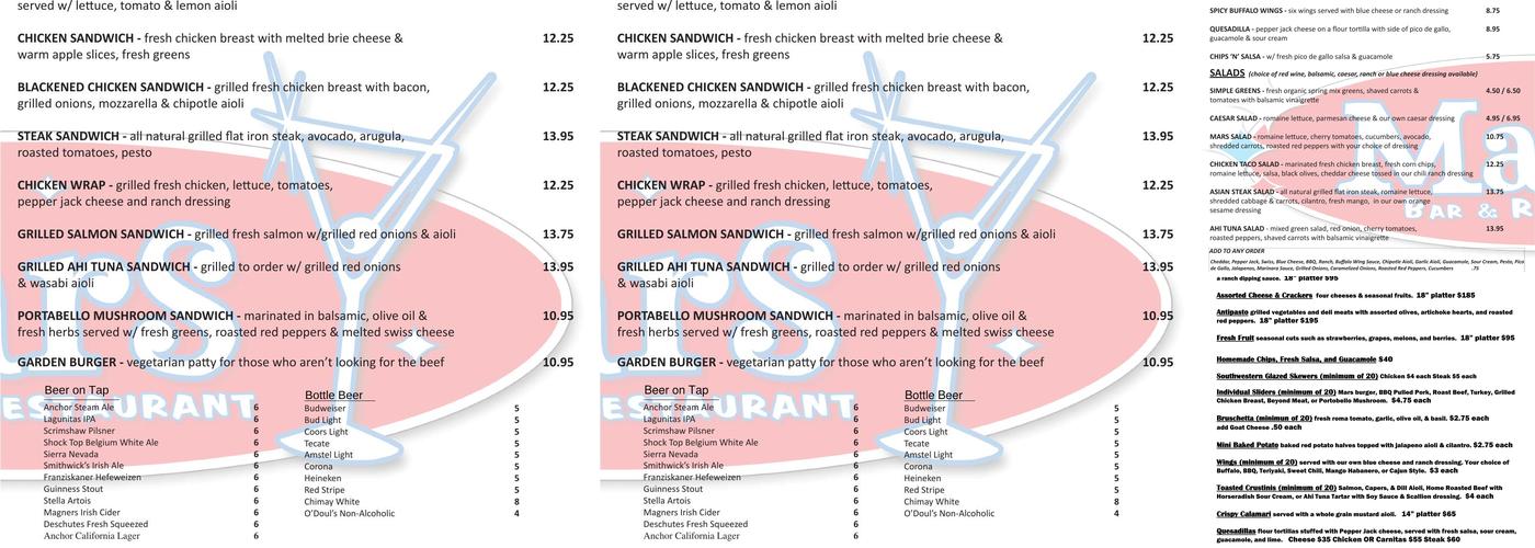 Mars Bar & Restaurant Menu