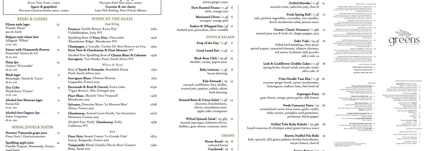 Greens Menu