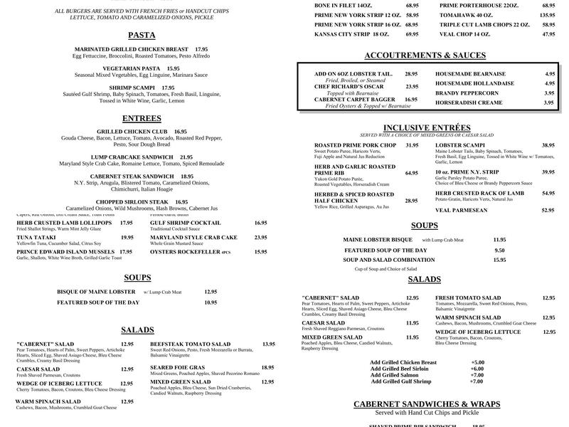 Cabernet Steakhouse Menu