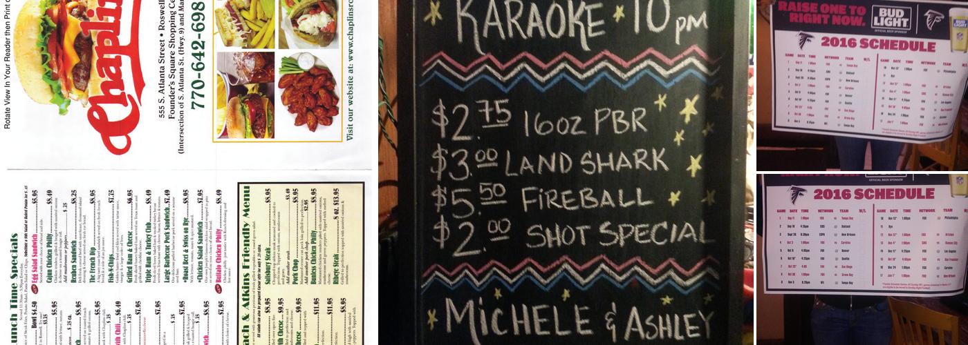 Chaplins Bar and Grill Menu