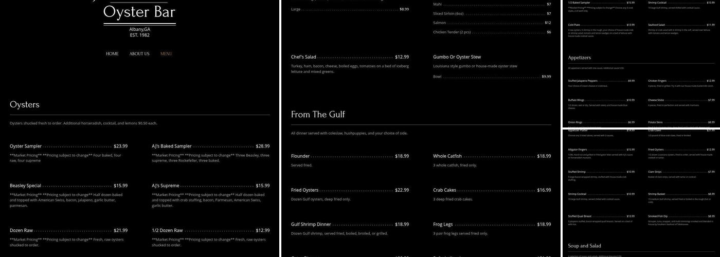 AJ's Seafood & Oyster Bar Menu