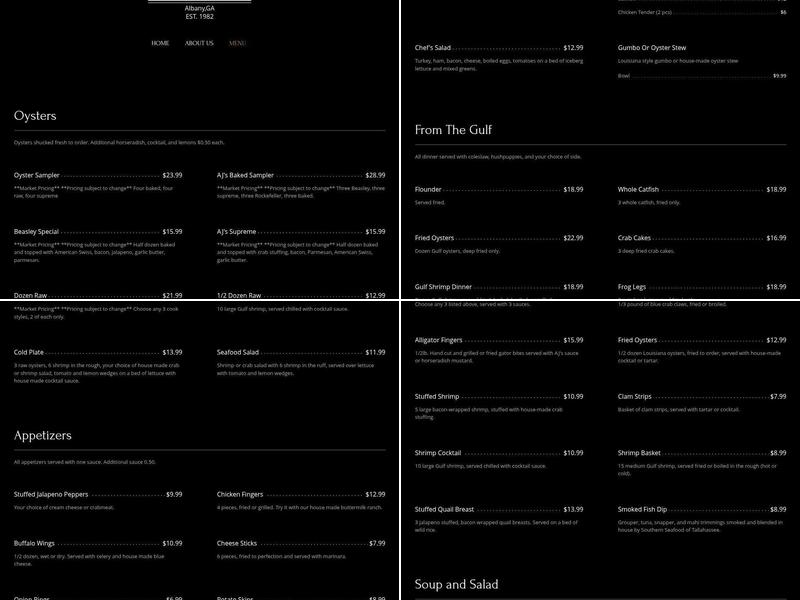 AJ's Seafood & Oyster Bar Menu