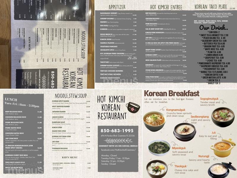 Hot Kim Chi Menu