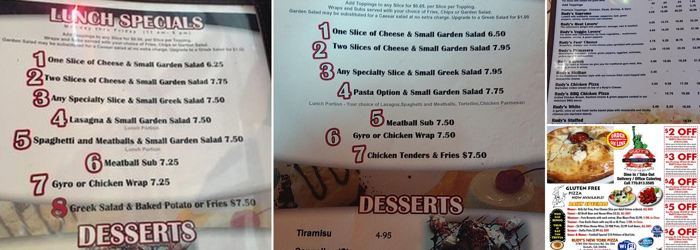 Rudy's New York Pizza Menu