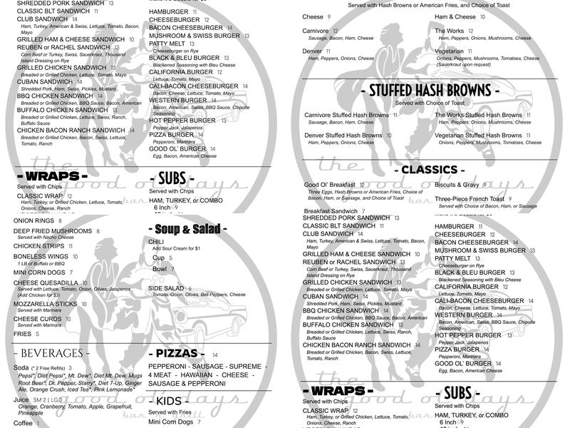 Good Ol' Days Bar & Grill Menu