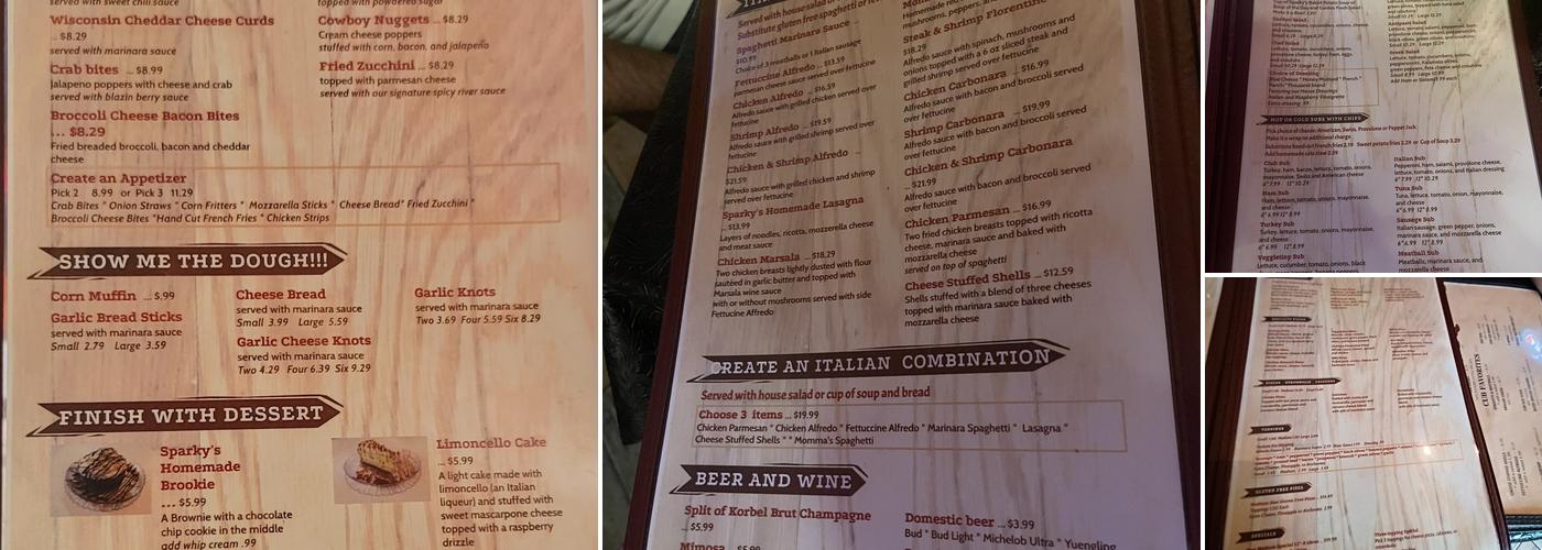 Sparky's Place Restaurant Menu