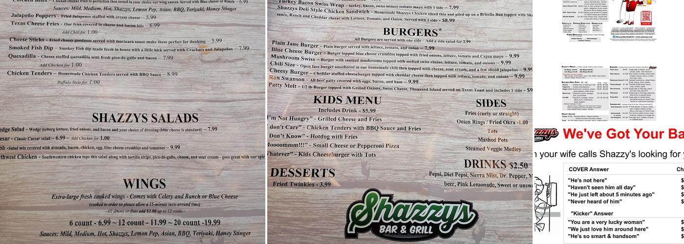 Shazzy's Bar and Grill Menu