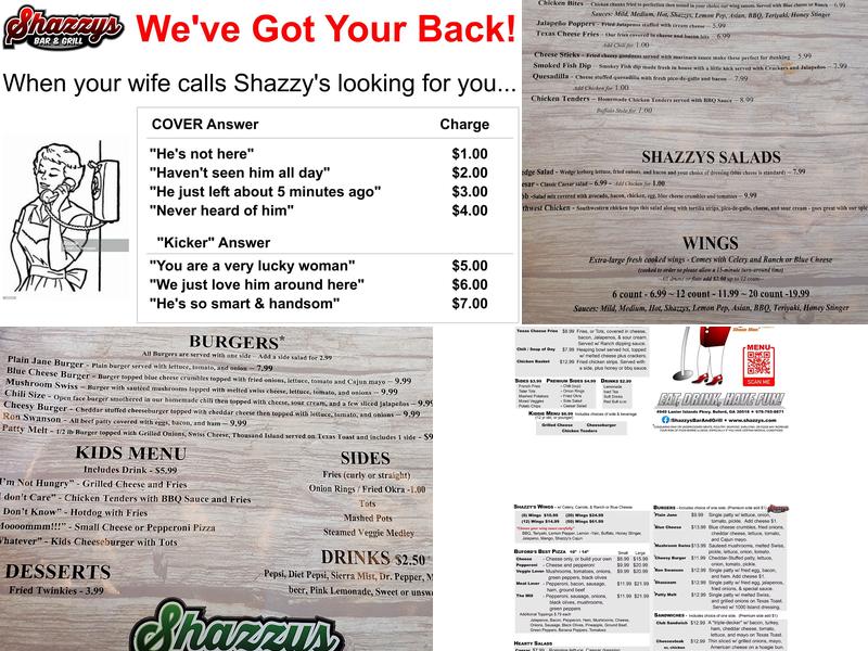 Shazzy's Bar and Grill Menu