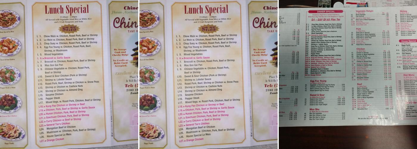 China One Menu