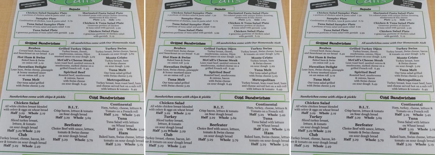 McCall's Sandwiches - Tastes to Remember Menu