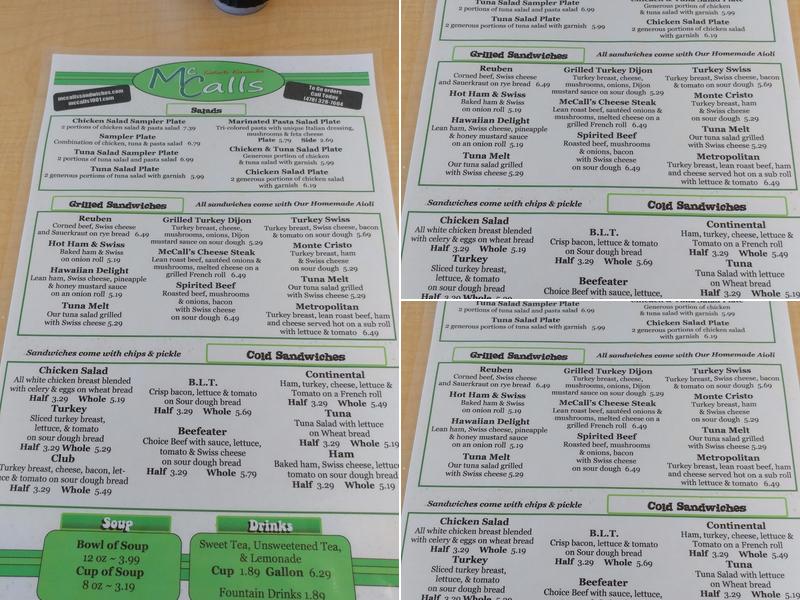 McCall's Sandwiches - Tastes to Remember Menu