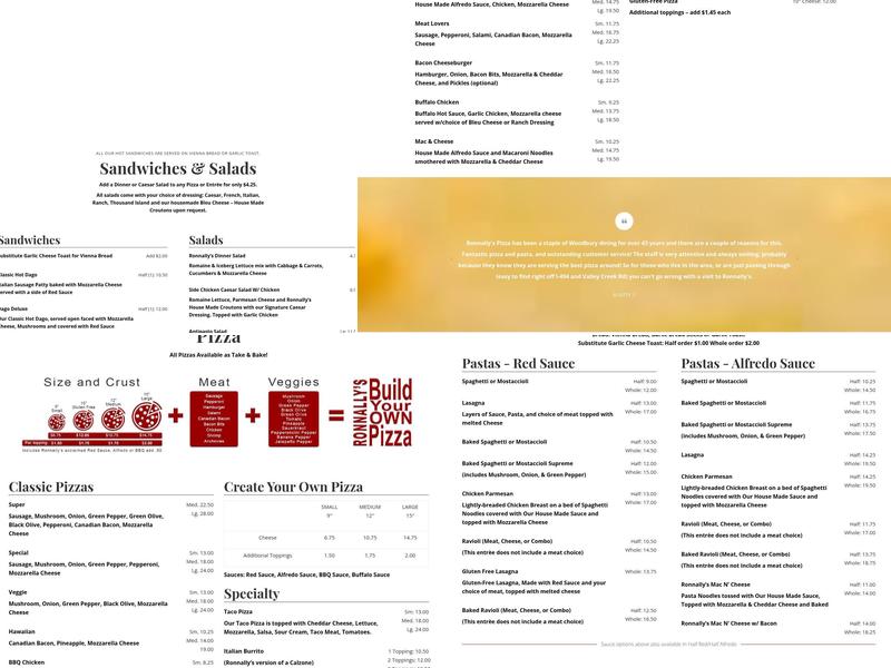 Ronnally's Pizza and Pasta Menu