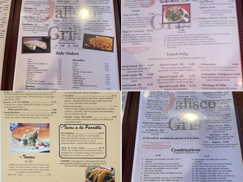 Jalisco Mexican Restaurant Menu