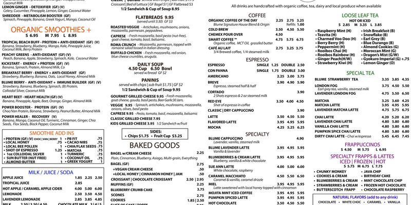 Blume Organics Boutique & Cafe Menu