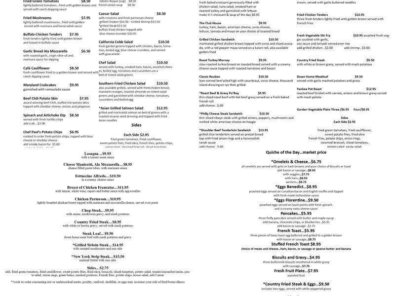 PJ's Cafe Menu
