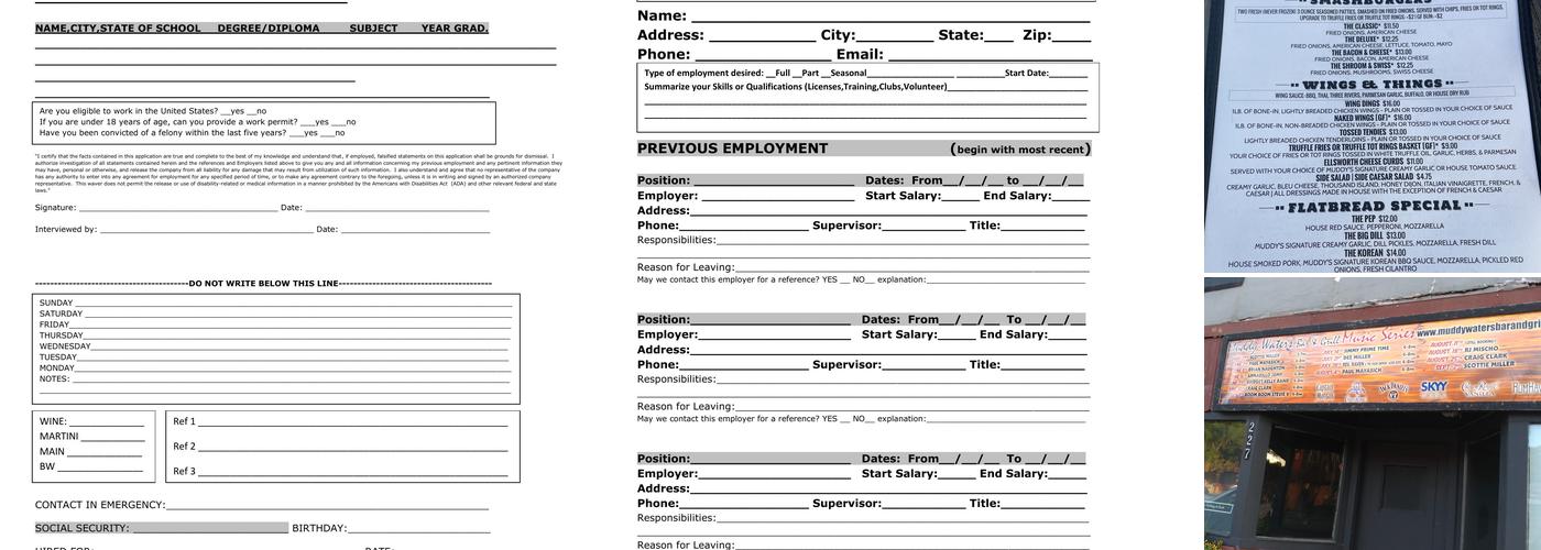 Muddy Waters Bar & Grill Menu