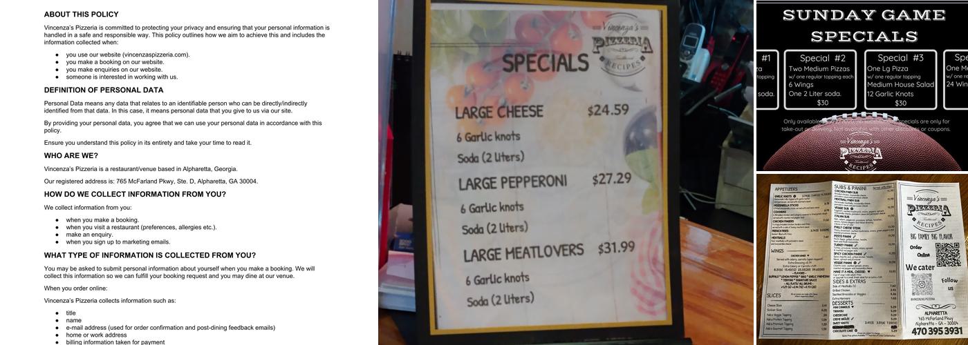 Vincenza’s Pizzeria Menu