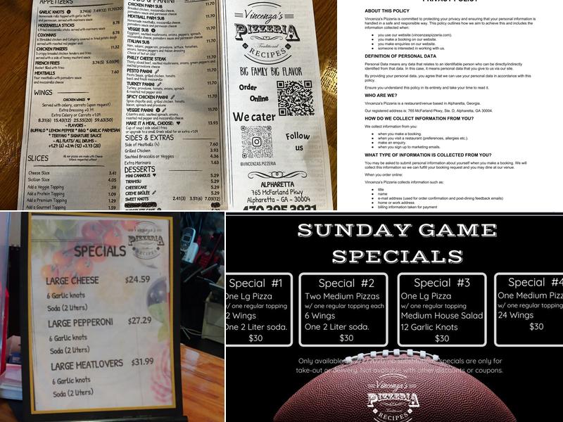 Vincenza’s Pizzeria Menu