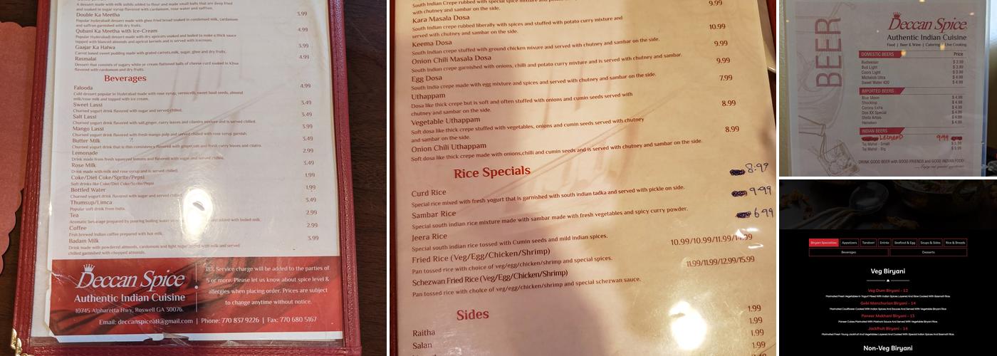 Deccan Spice Authentic Indian Cuisine Menu