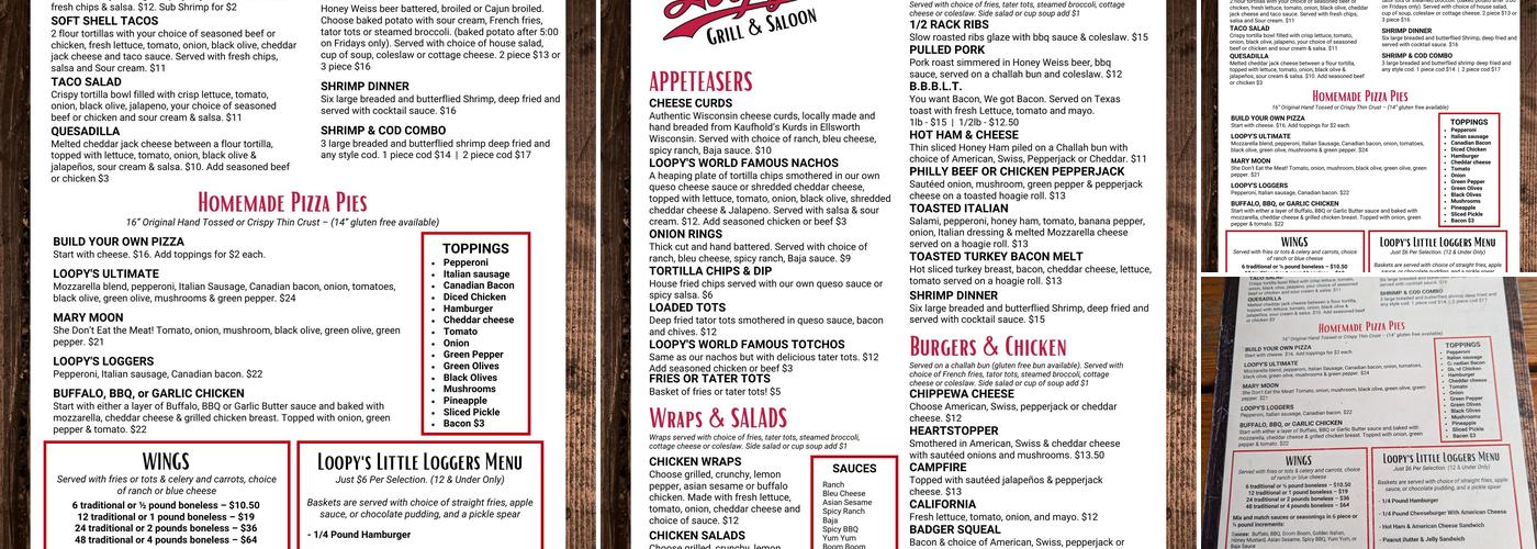 Loopy's Grill & Saloon Menu