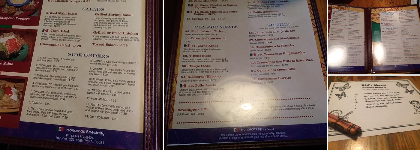 Monarcas Mexican Restaurant Menu