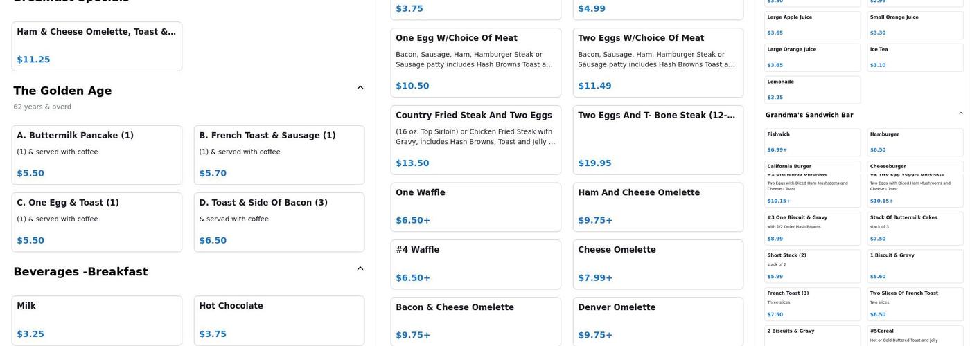 Grandma's Kitchen Menu