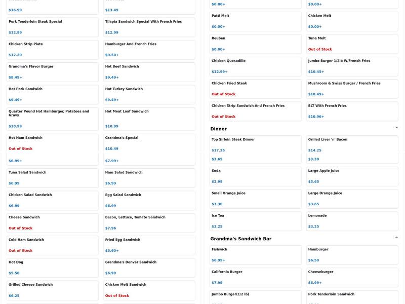 Grandma's Kitchen Menu