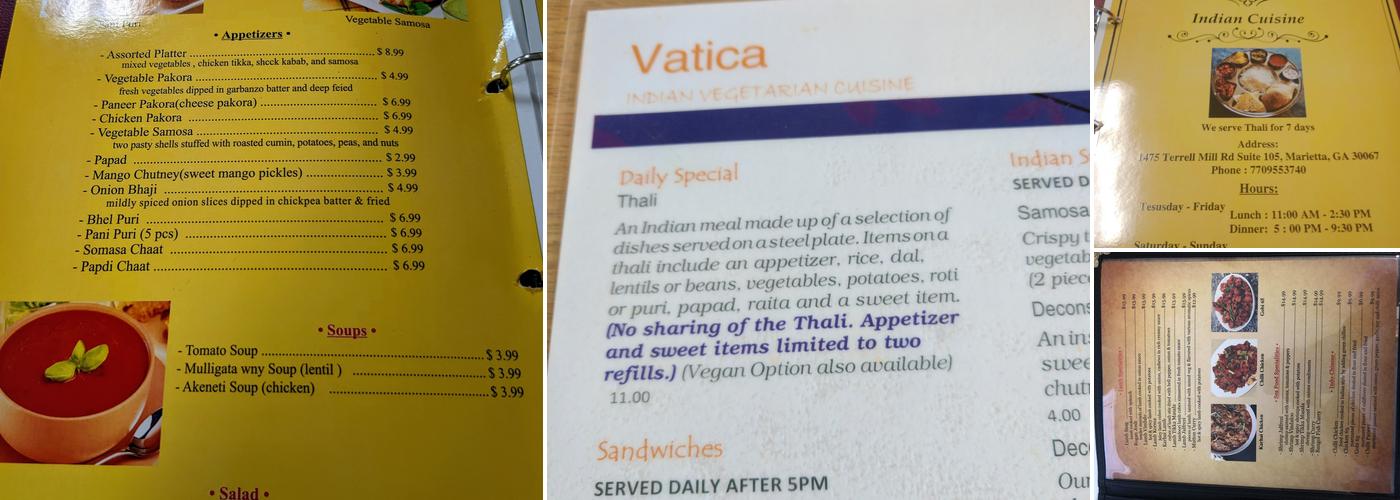 Vatica Indian Cuisine Menu