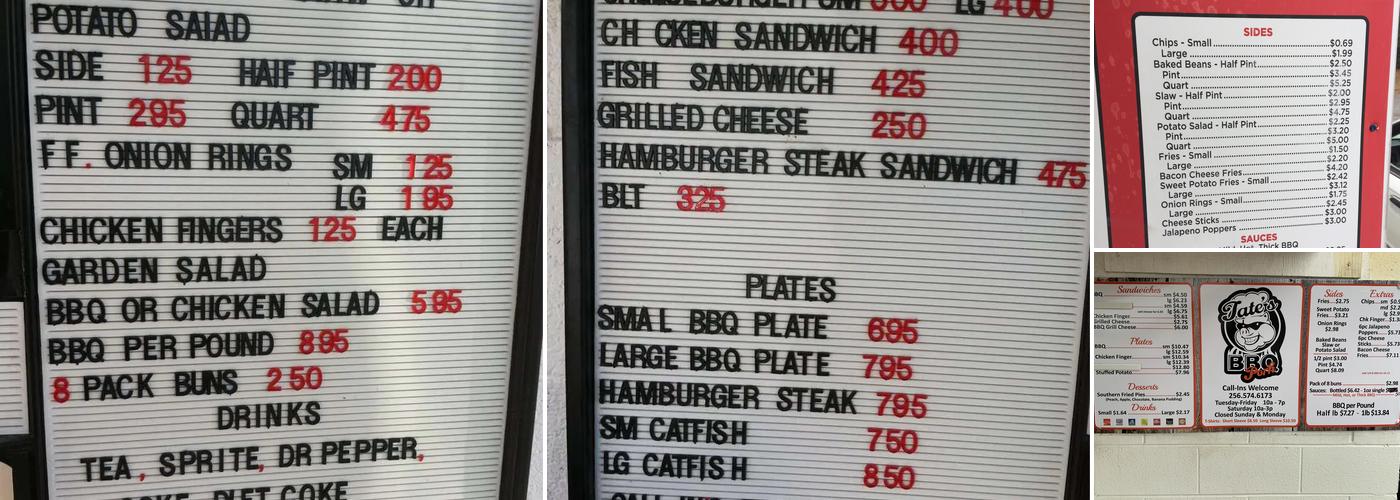 Tate's Bar-B-Que Menu